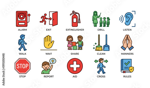 Safety and behavior icons arranged in grid on white background