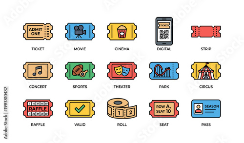 Ticket icons displaying event types and digital pass on white