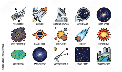 Space and astronomy icons arranged in labeled grid on white background