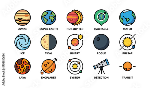 Planet and exoplanet icons showing celestial types on white