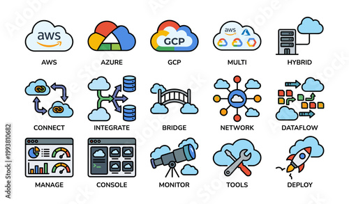 Cloud platform and management icons sheet in grid layout
