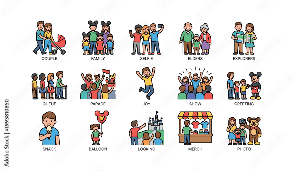 Naklejka premium People and family activity icons arranged in grid layout