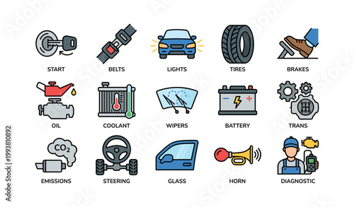 Car maintenance icons showing parts and checks on white background