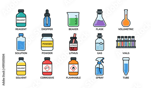 Laboratory chemical and glassware icons arranged in grid on white