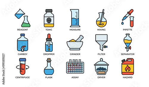 Laboratory equipment and chemistry icons arranged on white background