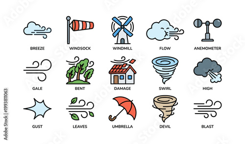 Wind icons showing weather and storm symbols on white background