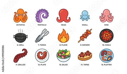 Octopus and seafood grilling icons on white grid layout