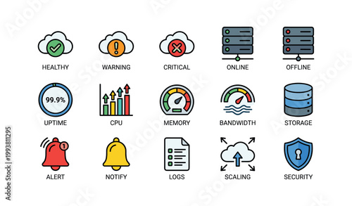 Server and cloud status icons displayed in grid on white background