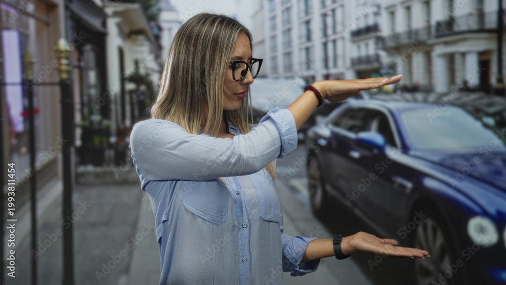Obraz premium Woman with glasses and blonde hair holds hands apart over blue car on a busy city street measuring distance with palms visible; curiosity.