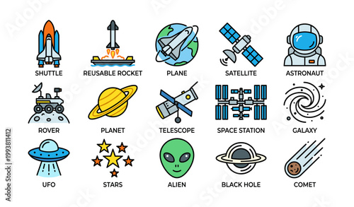 Space and astronomy icons showing spacecraft and planets on white