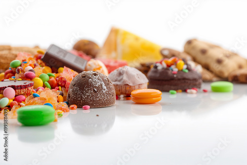 Assortment of colorful candies, chocolate, and sugary sweets