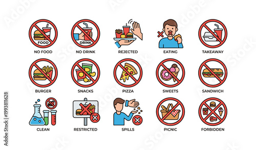 Food and drink prohibition and warning icons arranged in grid