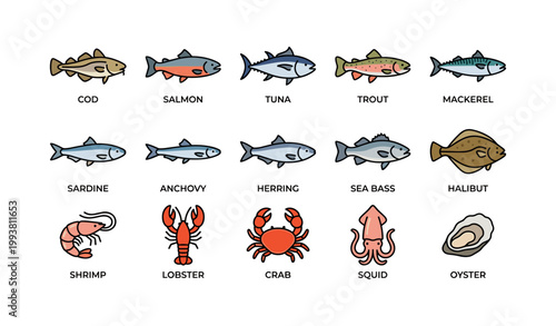 Seafood and shellfish icons arranged in labeled grid on white