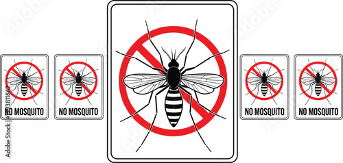 No Mosquito Warning Sign Set with Red Circle Prohibition Symbol Insect Control Alert Vector Illustration Collection