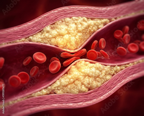 Clogged artery with cholesterol plaque buildup and red blood cells