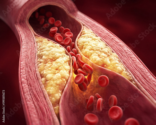 Clogged artery with cholesterol plaque buildup and red blood cells