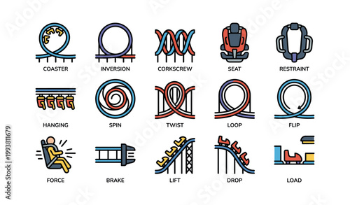 Roller coaster and inversion icons grid on white background