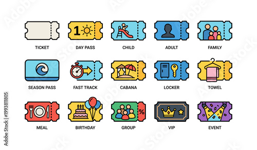 Ticket and pass icons for attractions arranged in grid on white