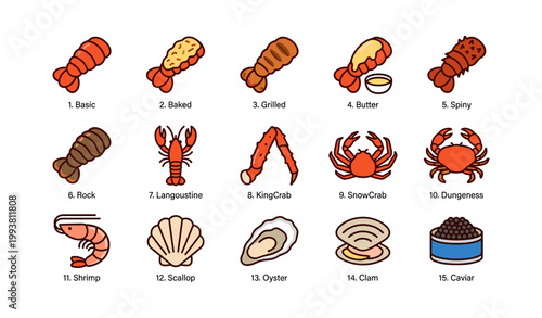 Seafood icons showing shellfish and preparations on white