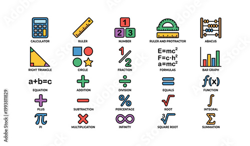 Mathematics and arithmetic icons arranged on white background