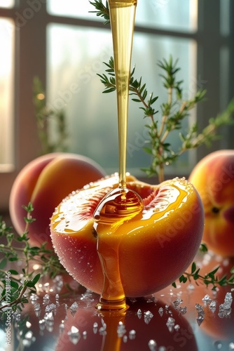 Fresh Peach Macro Shot Honey Glaze Wild Thyme Pine Garnish Premium Food Photography Commercial