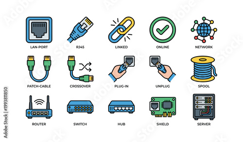 Network icons showing lan cables ports routers switches and servers