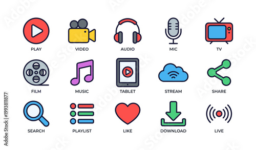 Collection of media and playback icons for multimedia interface