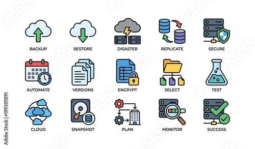 Data backup and recovery icons representing cloud and security