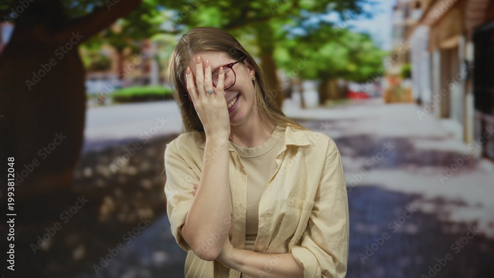 Fototapeta premium Young blonde woman wearing glasses and a light shirt covers mouth with hand on bustling city street; amusement.
