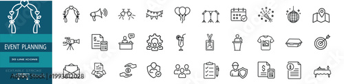 Event planning web line icons set wedding organization party celebration catering management web line icons set & more vector illustration on editable stroke