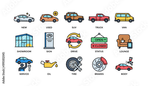 Automotive icons showing vehicle types and service concepts