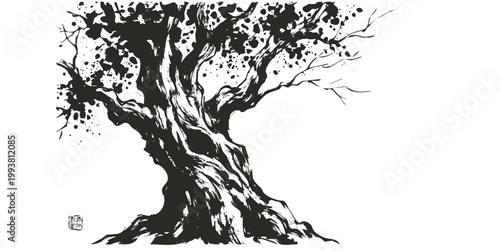 Sumi-e Ink Brush Oak Tree Japanese-Gestural Trunk Dry Brush Bark Splatter Canopy Zen Minimalist Contemplative-Black White Fine Art
