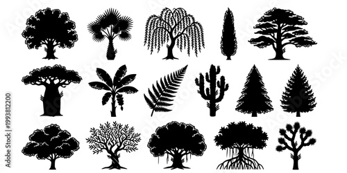 Shadow Puppet Silhouette Tree Collection-Wayang Indonesian Oak Palm Willow Cypress Baobab Banana Fern Cactus Mangrove Joshua-Black White Art