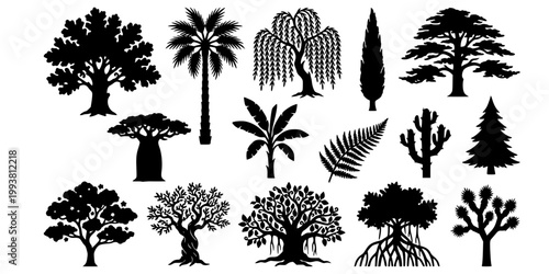 Shadow Puppet Silhouette Tree Collection-Wayang Indonesian Oak Palm Willow Cypress Baobab Banana Fern Cactus Mangrove Joshua-Black White Art