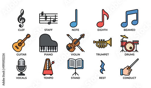 Music icons showing instruments notation and performance symbols