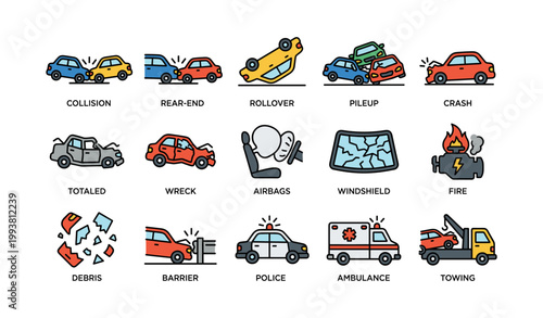 Car accident icons showing collisions and emergency response