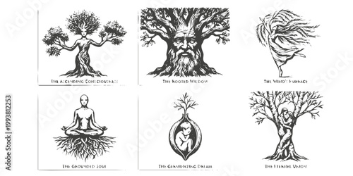 Human Tree Surrealist Merged Figure Collection-Crosshatch Torso Trunk Bark Face Oak Roots Meditation Willow Birch Lovers Sapling-Fine Art