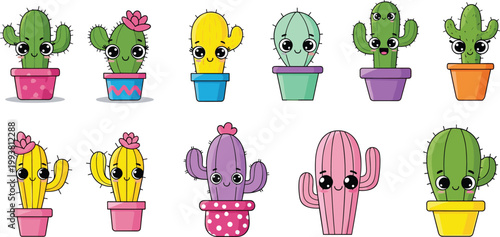 Cartoon illustrated colorful cacti in decorative pots with expressive eyes cheerful smiling playful characters flowers creative plant artwork scene
