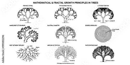 Fractal Mathematical Tree Collection-Fibonacci Golden Ratio Pythagoras L-System Mandelbrot Dendrochronology Fractal STEM Science-Black White Art