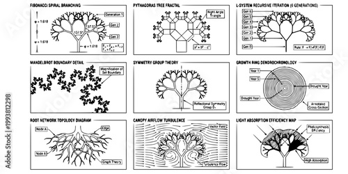 Fractal Mathematical Tree Collection-Fibonacci Golden Ratio Pythagoras L-System Mandelbrot Dendrochronology Fractal STEM Science-Black White Art