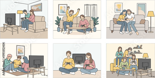 Cartoon illustrated people playing video games together in living rooms sitting on couches celebrating handheld devices teamwork fun creative artwork scene
