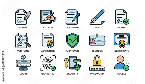 Document signing and identity icons arranged on white background
