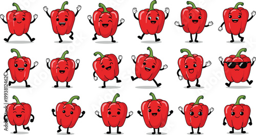 Cartoon illustrated red bell peppers with expressive faces smiling laughing winking playful characters wearing sunglasses creative vegetable artwork scene