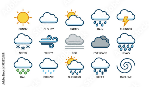 Weather condition icons arranged in a grid on white background