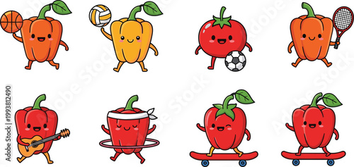 Cartoon illustrated vegetables and fruits playing sports basketball volleyball soccer tennis skateboarding hula hooping guitar cheerful creative artwork scene