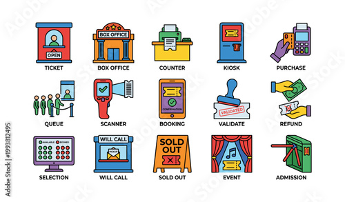 Ticketing and box office icons arranged in a grid on white background