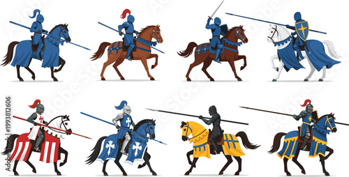 Set of medieval knight characters riding horses in full armor with lances and shields for historical tournament vector illustration