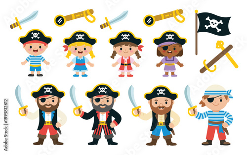 Set of Cute Cartoon Pirate Children Characters with Sword Flag and Spyglass for Adventure Concept