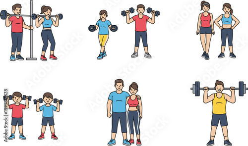 Set of people doing gym workout exercises with dumbbells and barbells for fitness training and healthy lifestyle vector illustration