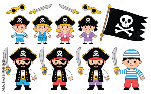  Set of Cute Cartoon Pirate Children Characters with Sword Flag and Spyglass for Adventure Concept
